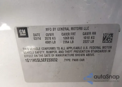 2014 Chevrolet Malibu 1Lz z USA, uszkodzony, nr VIN 1G11H5SL5EF233032